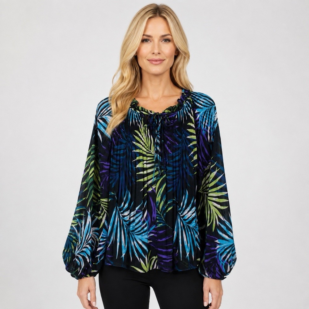 Kobi Halperin Palm Print Pleated Blouse Sheer Balloon Sleeve Boho